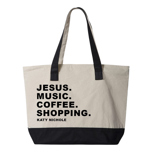 JESUS. MUSIC. COFFEE. SHOPPING. TOTE